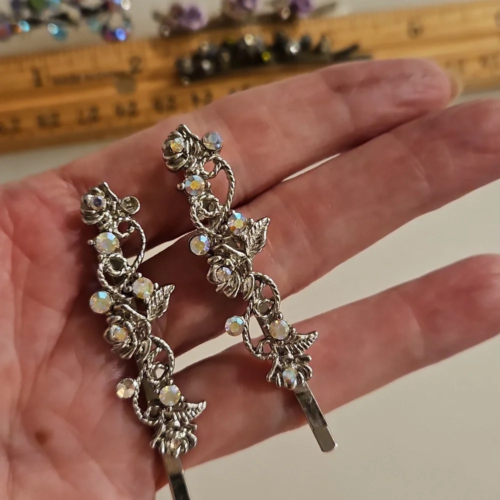 Set of 5 Multicolor Mixed Media Floral Rhinestone hair pins Special Occasion
